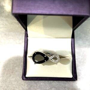 Sterling ring heavy cool asymetrical shape black stone & cz sz 6